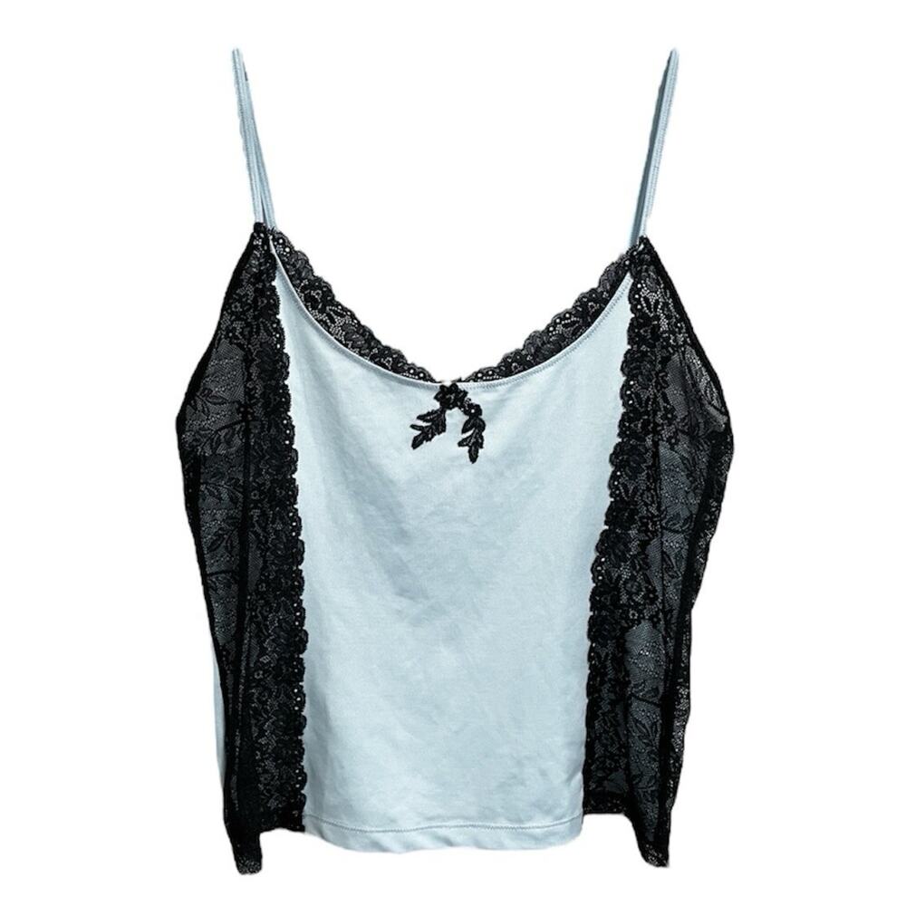 Sensara Womens Coquette Lace Cami Tank Top Size Large Light Blue Black Sheer